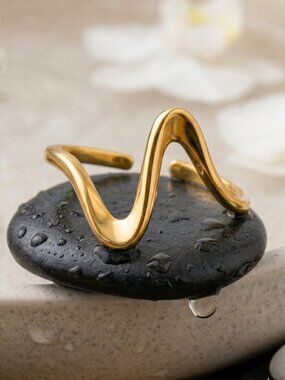 18K Gold Plated Stainless Steel Abstract Wave Open Adjustable Ring Minimalist